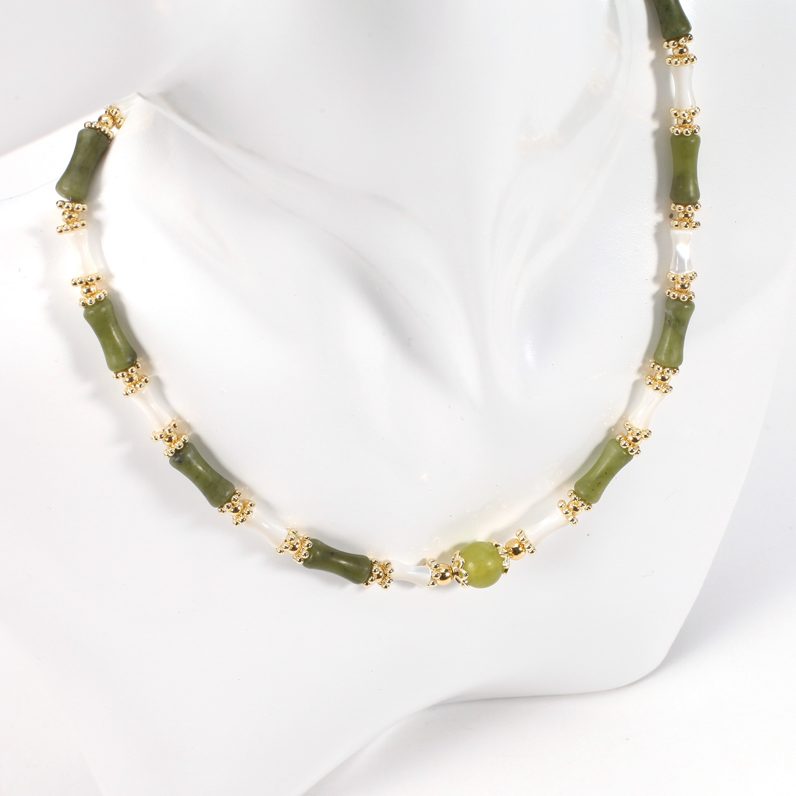 跨境专供竹节橄榄石贝壳圆珠天然石手链项链套装女可调节现货批发