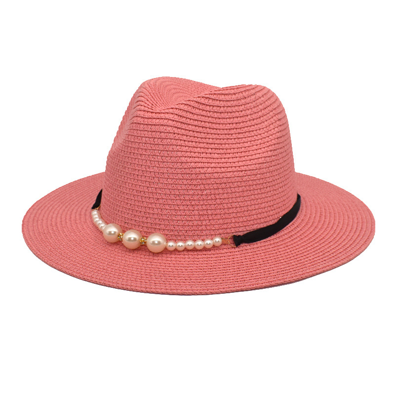 European and American Spring and Summer Sun Protection Pearl Accessories Sun Hat Black Flat Brim Retro New Jazz Top Hat Men's and Women's Straw Hat