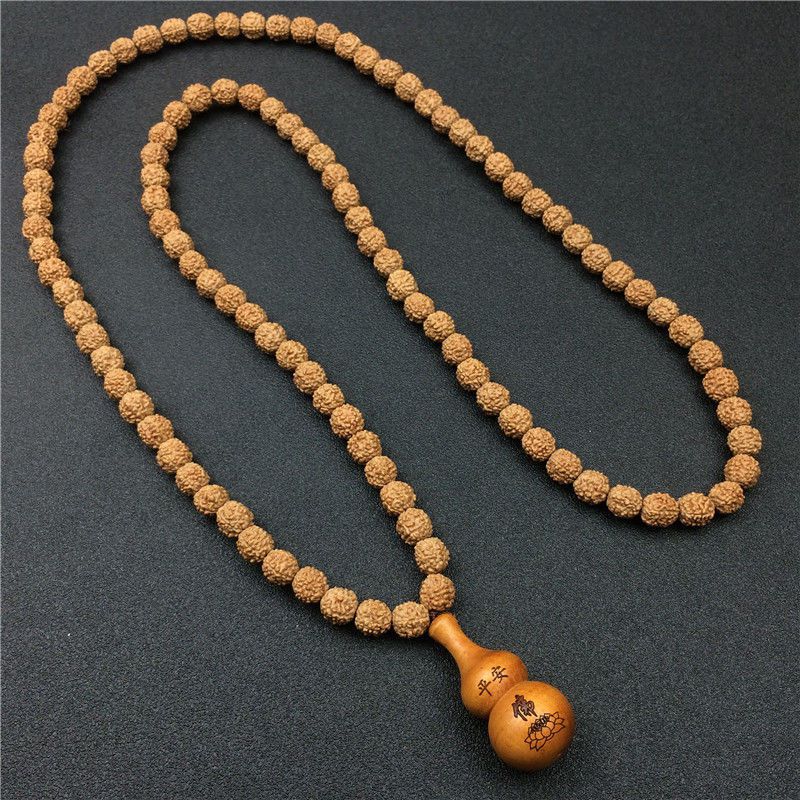 精选颗小金刚菩提子项链男士长款文玩佛珠配饰福字桃木吊坠瓣