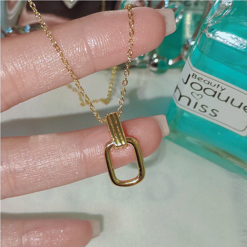 韩国18k金色双环项链女时尚复古感锁骨链方形挂坠镀金配饰品-阿里巴巴