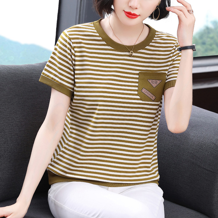2024夏季新款妈妈装条纹口袋短袖女士高级感小众设计宽松显瘦拼接