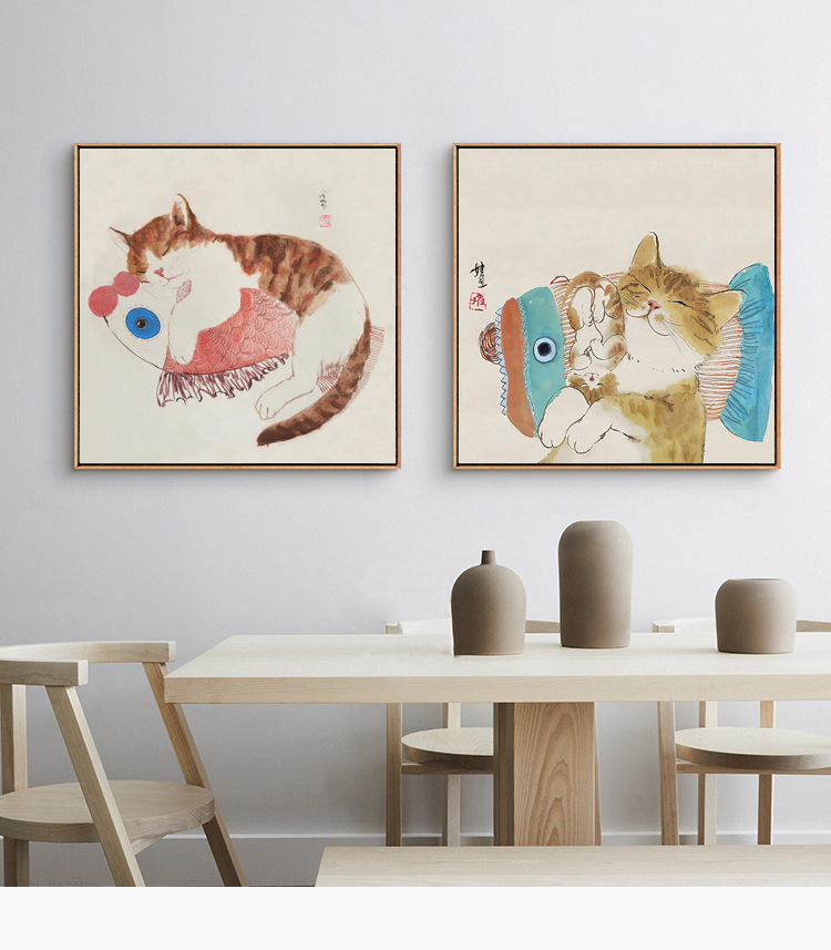 现代简约艺术餐厅装饰画卡通猫咪插画壁画个性创意饭厅民宿挂画
