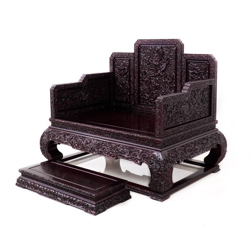 正品赞比亚血檀祥龙宝座满雕龙座椅带脚踏清式中式古典家具收藏品