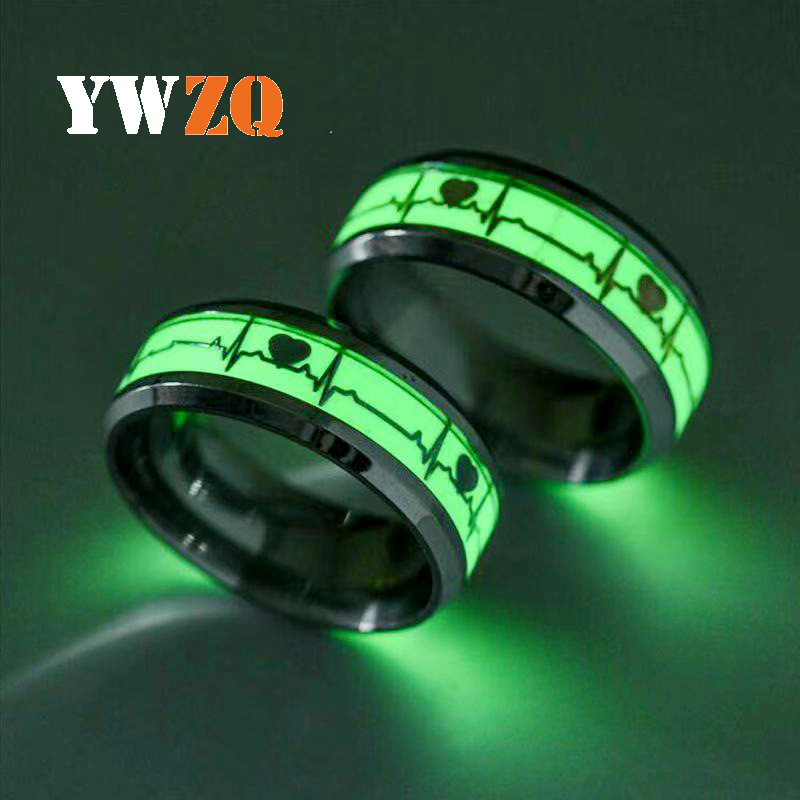 Luminous Titanium Steel Ring European and American ECG Luminous Fluorescent Ornament Stainless Steel Ring Heartbeat Couple Love Ring