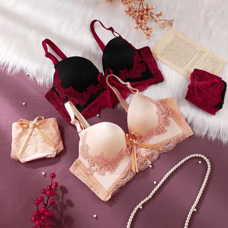 Women's Embroidered Lace Sexy Wireless Underwear Gather Comfortably Push up Anti-Sag Accessory Breast Push up Bra Set