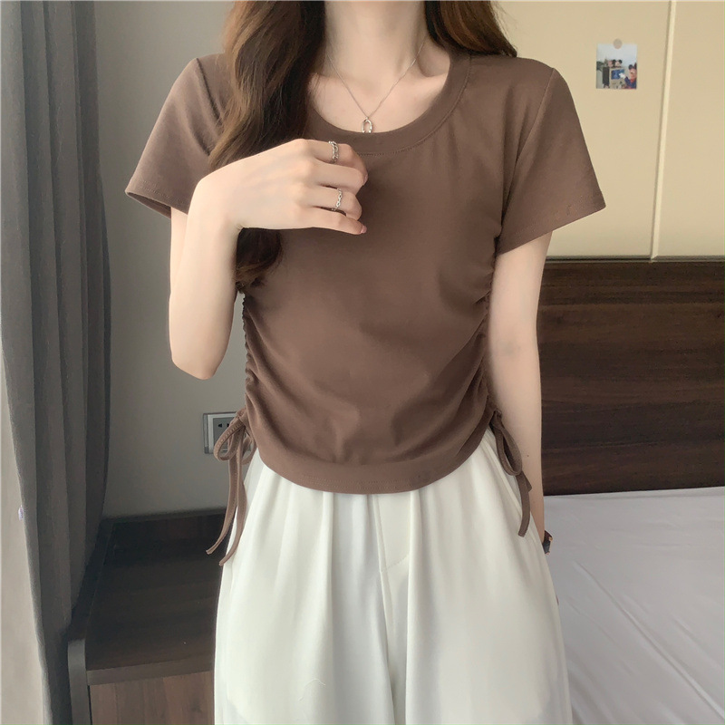 round Neck Drawstring Slimming Short-Sleeved T-shirt for Women 2024 New Summer Niche Korean Simple Chic Slim Top Fashion