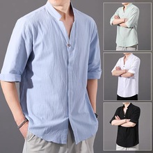 夏季薄款大码亚麻衬衫男宽松基础纯色麻布衬衣七分袖立领衬衣上衣