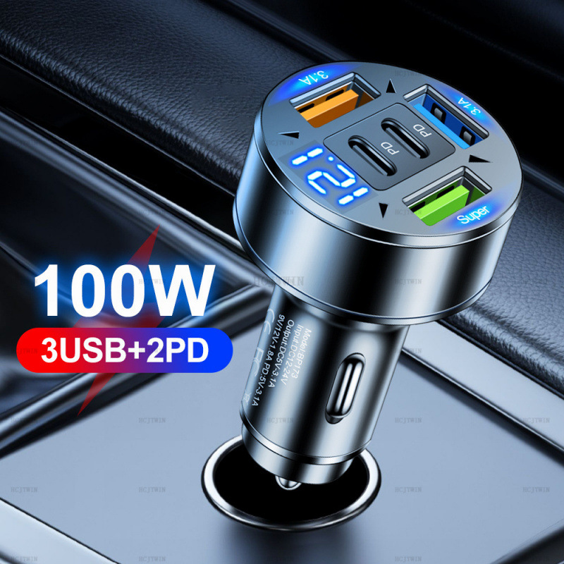 标100W 五合一带数显车充 5口带电压车载充电器一拖5多口车充批发