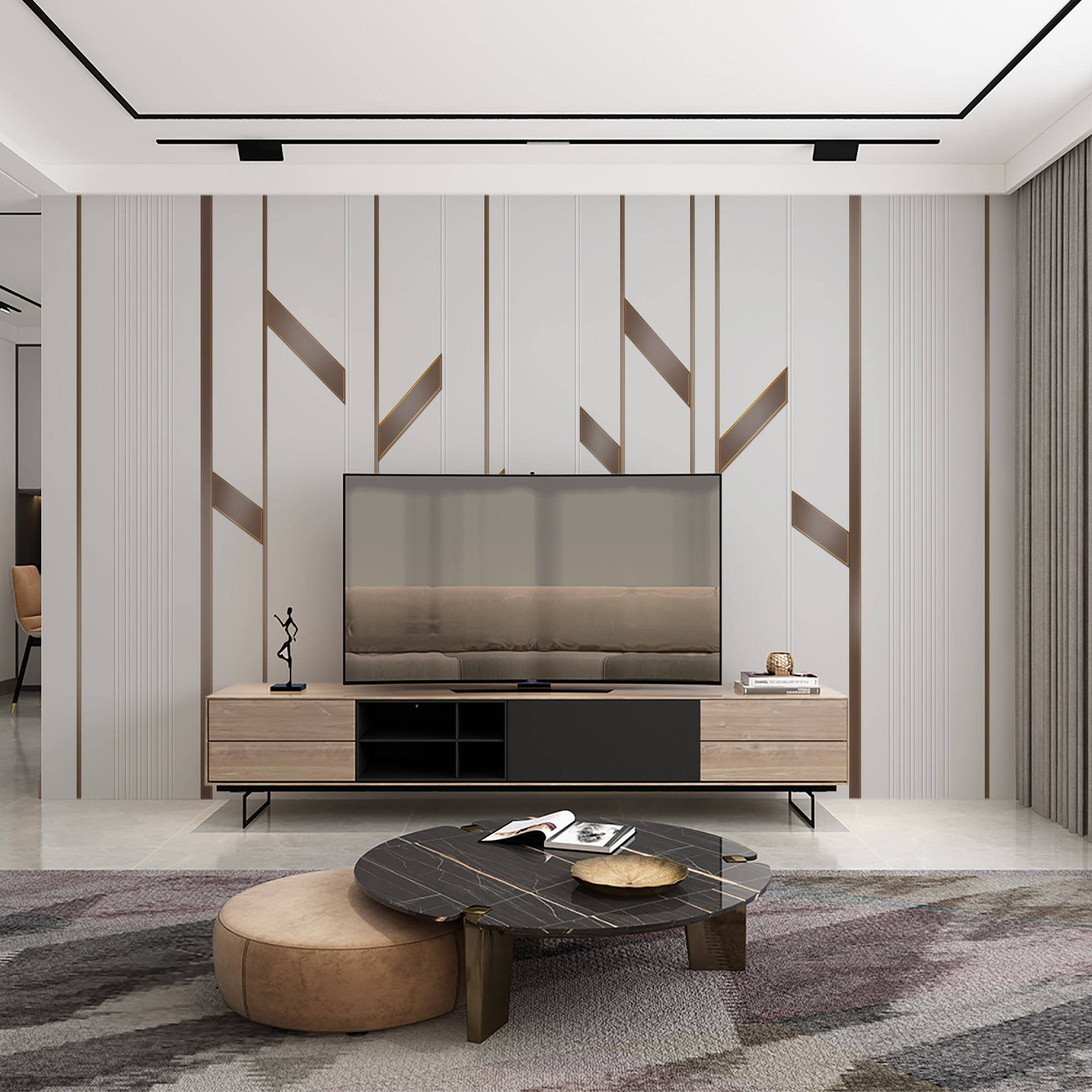 电视背景墙壁纸墙布2021新款装饰客厅简约轻奢风线条格栅影视壁画