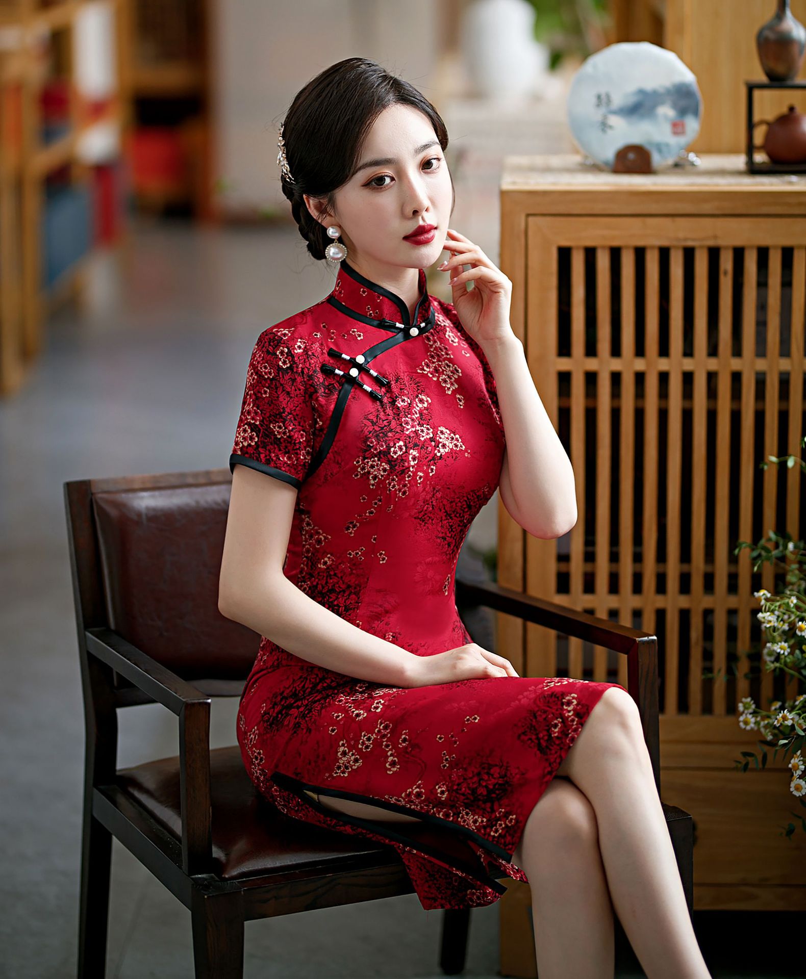 2022年新款改良式旗袍红色喜庆夏天中长款喜婆婆短袖婚礼服装批发