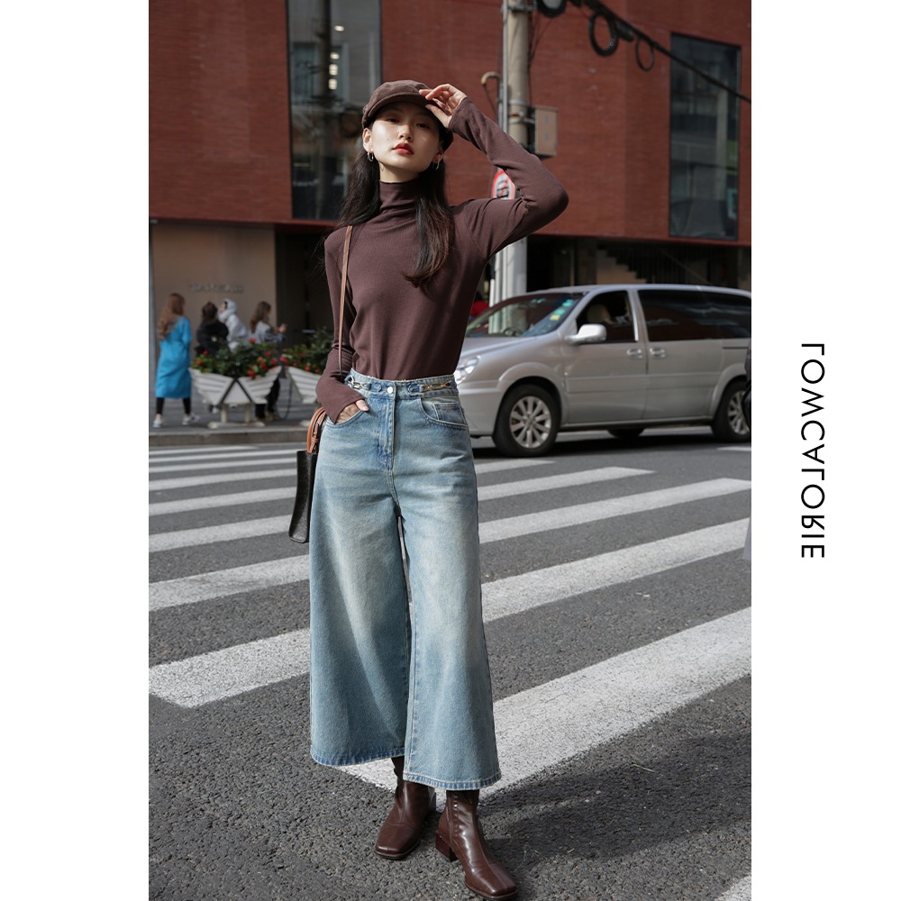 2021秋冬新款 复古金属扣袢九分阔腿牛仔裤 高腰显瘦大脚喇叭裤