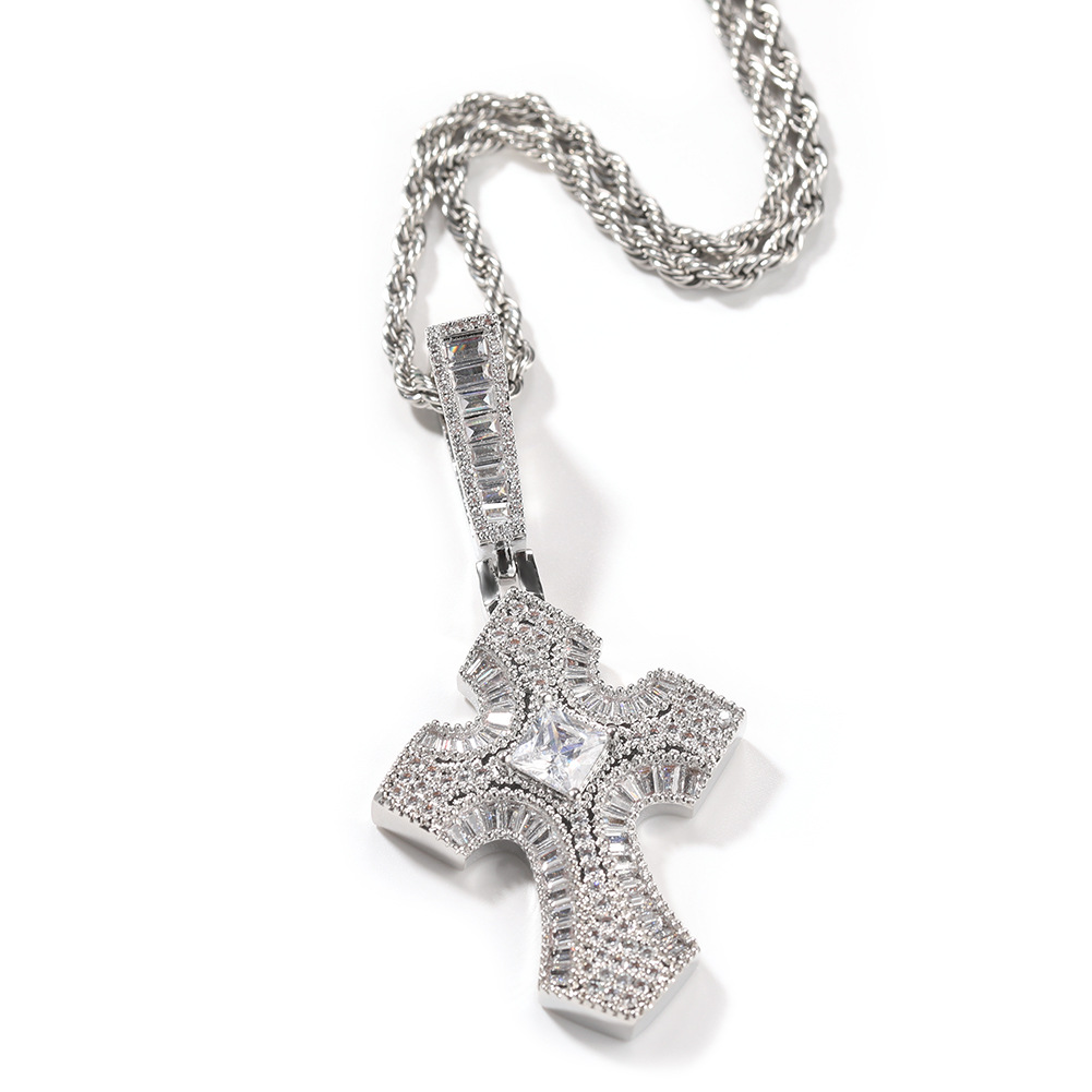 Hip Hop New Style Ladder Square Zircon Cross Pendant Personalized Hip Hop Trend Men's Necklace Cross-Border Sold Jewelry Wholesale