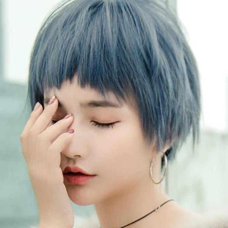 假发短发女夏季 雾霾蓝狗啃短直发蓝色时尚cos非主流仿真全头套式