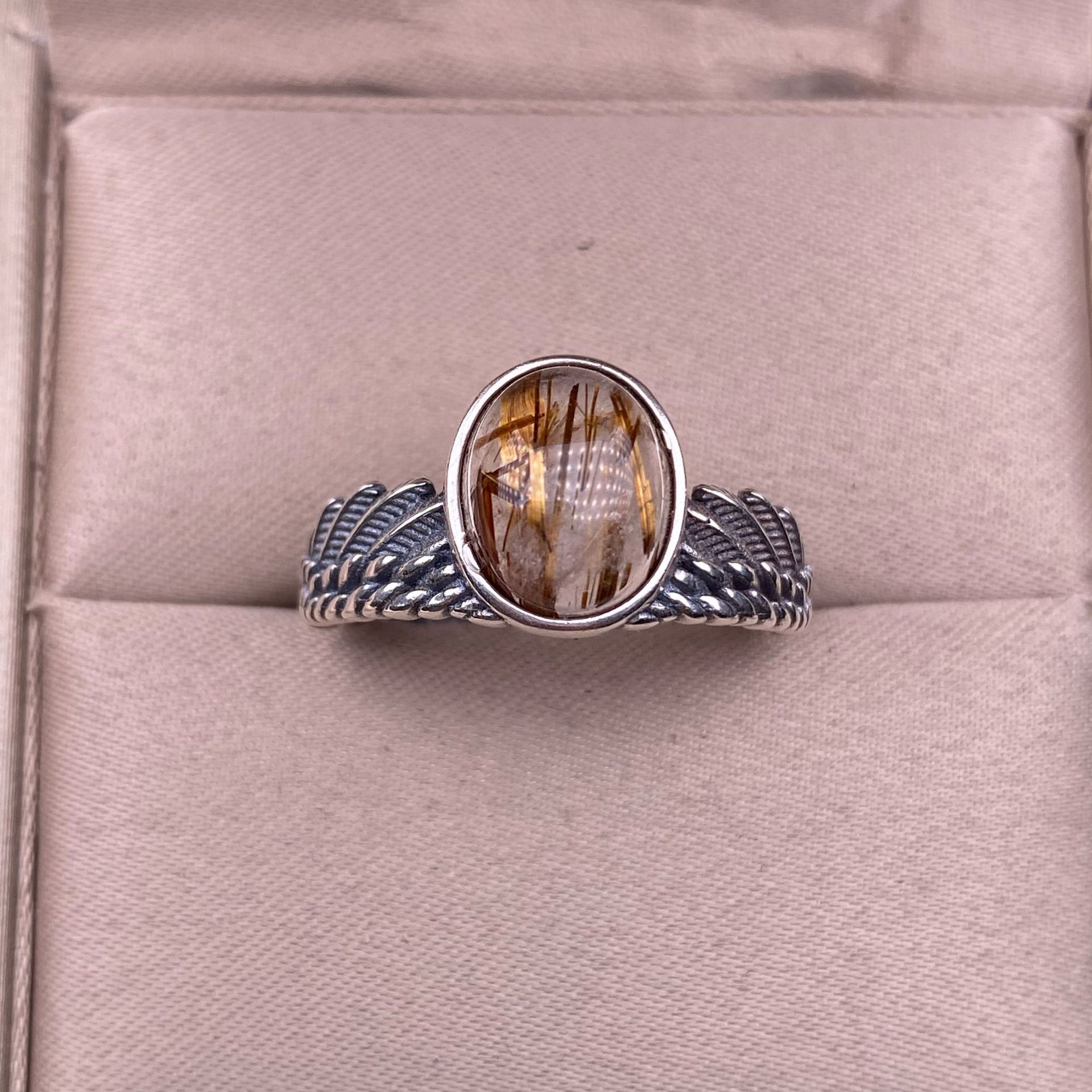 铜发晶戒指s925银镶嵌复古风银饰羽毛款宽版女款彩宝水晶手饰品