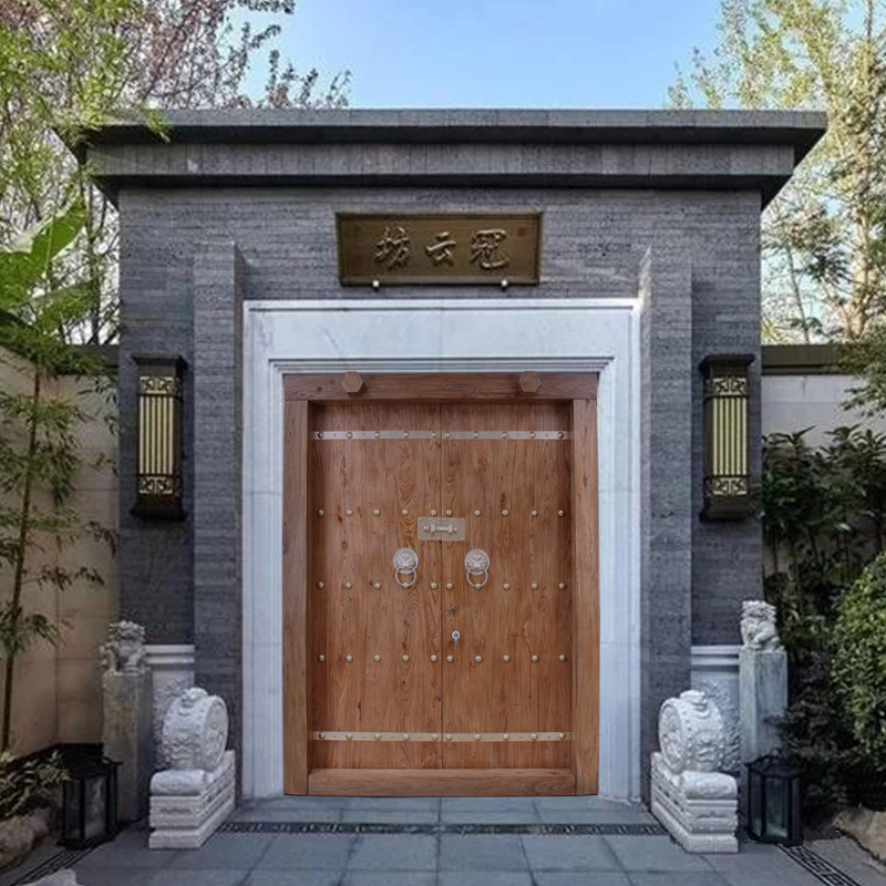 别墅院子庭院实木大门农村围墙木双开门新中式老榆木室外木门