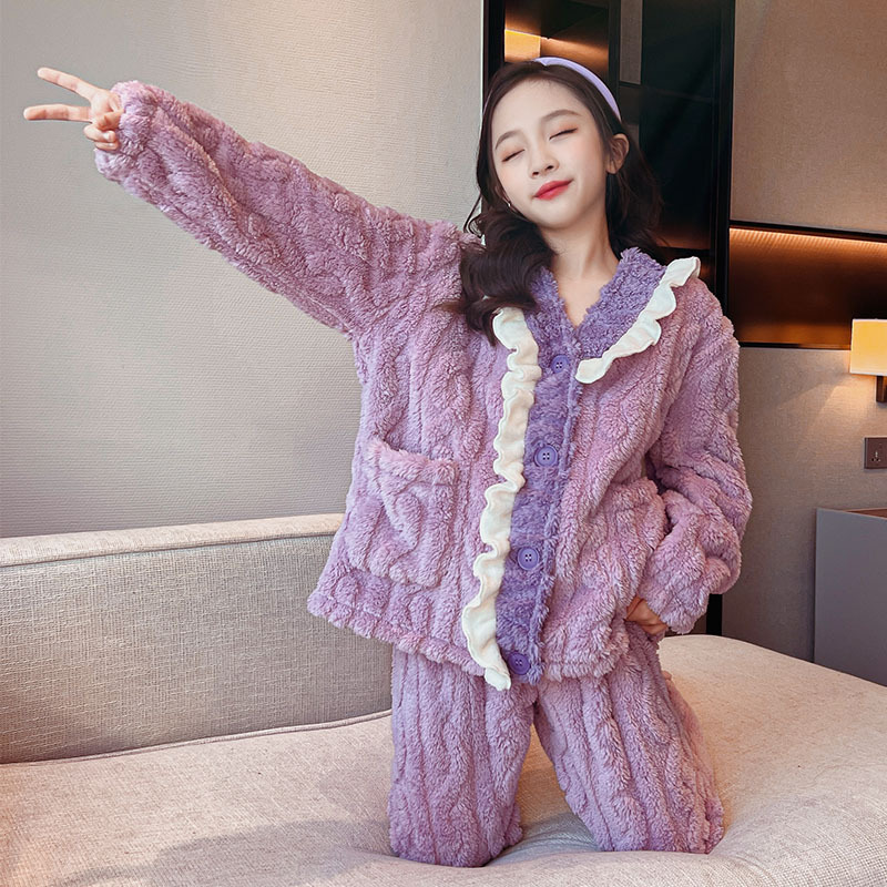 class a children‘s pajamas 2023 winter new girls‘ flannel contrast-color ruffled jacquard suit sweet home wear