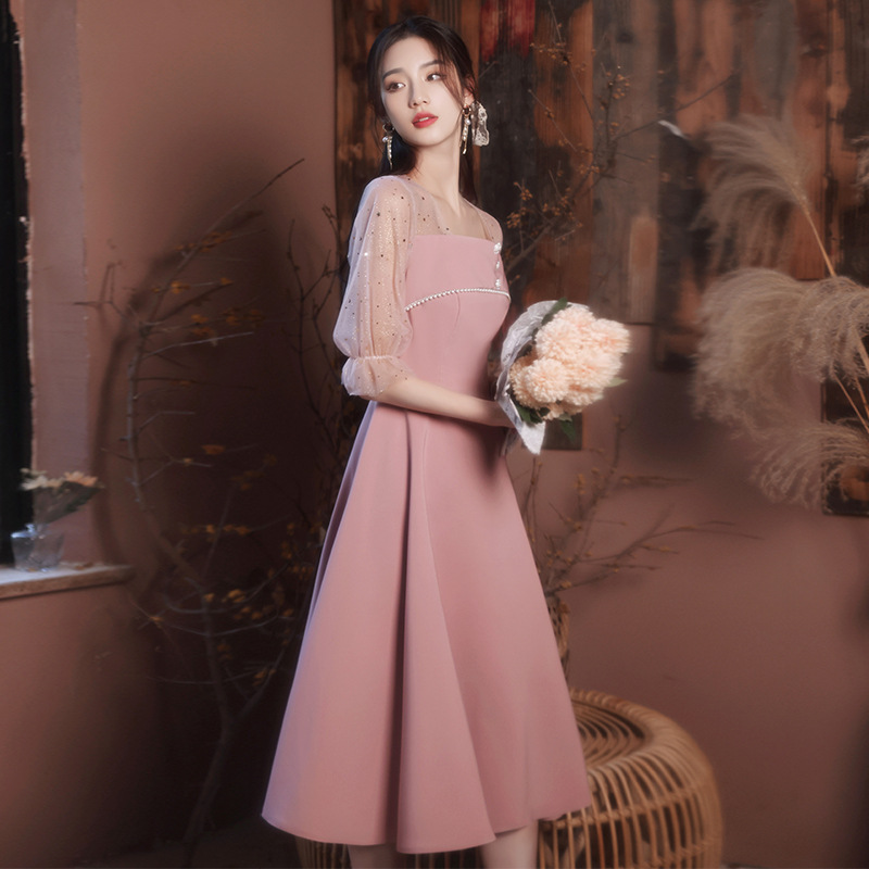 粉色小晚礼服冬季伴娘服小个子洋装宴会订婚连衣裙日常女平时可穿