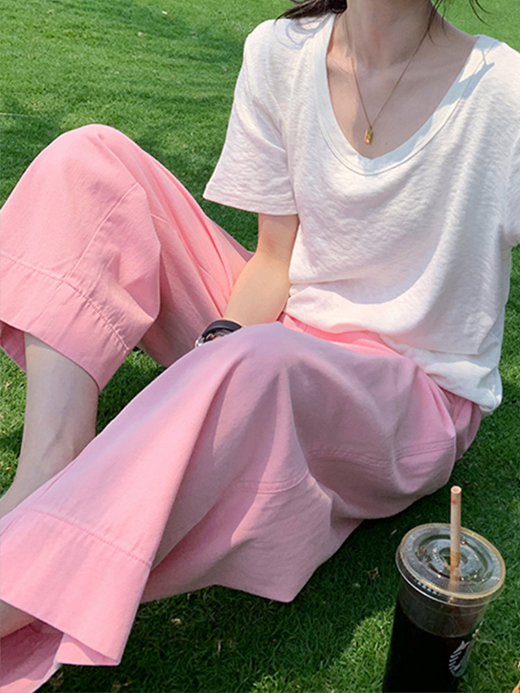 粉色裤子女夏装薄款胖mm夏天大码高腰显瘦遮肉垂感九分休闲阔腿裤