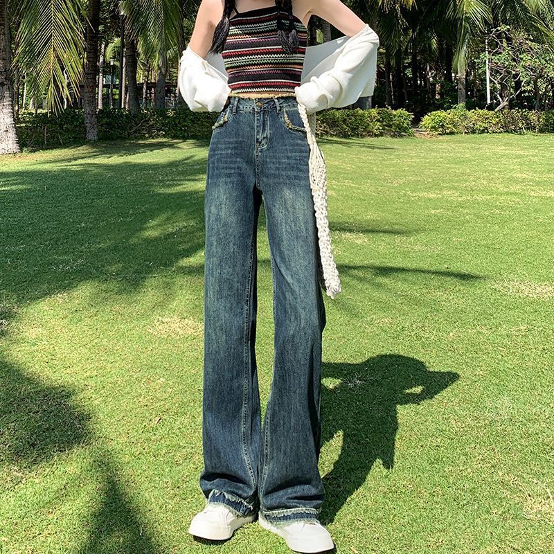 Retro Wide Leg Jeans Women's Spring and Autumn 2023 High Waist Loose Drooping Small Mop Frayed Hem Straight-Leg Pants