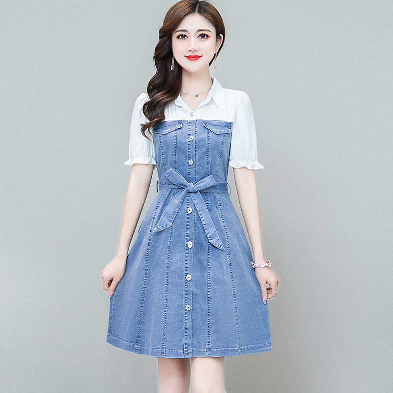 气质减龄翻领牛仔连衣裙女中长款2022夏新款修身短袖小个子a字裙