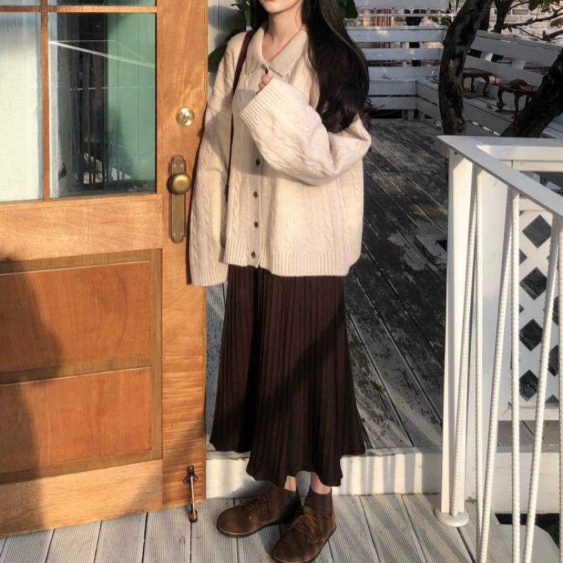 毛衣长袖开衫毛衣外套女潮秋季新款2021韩版上衣配针织半身裙套装