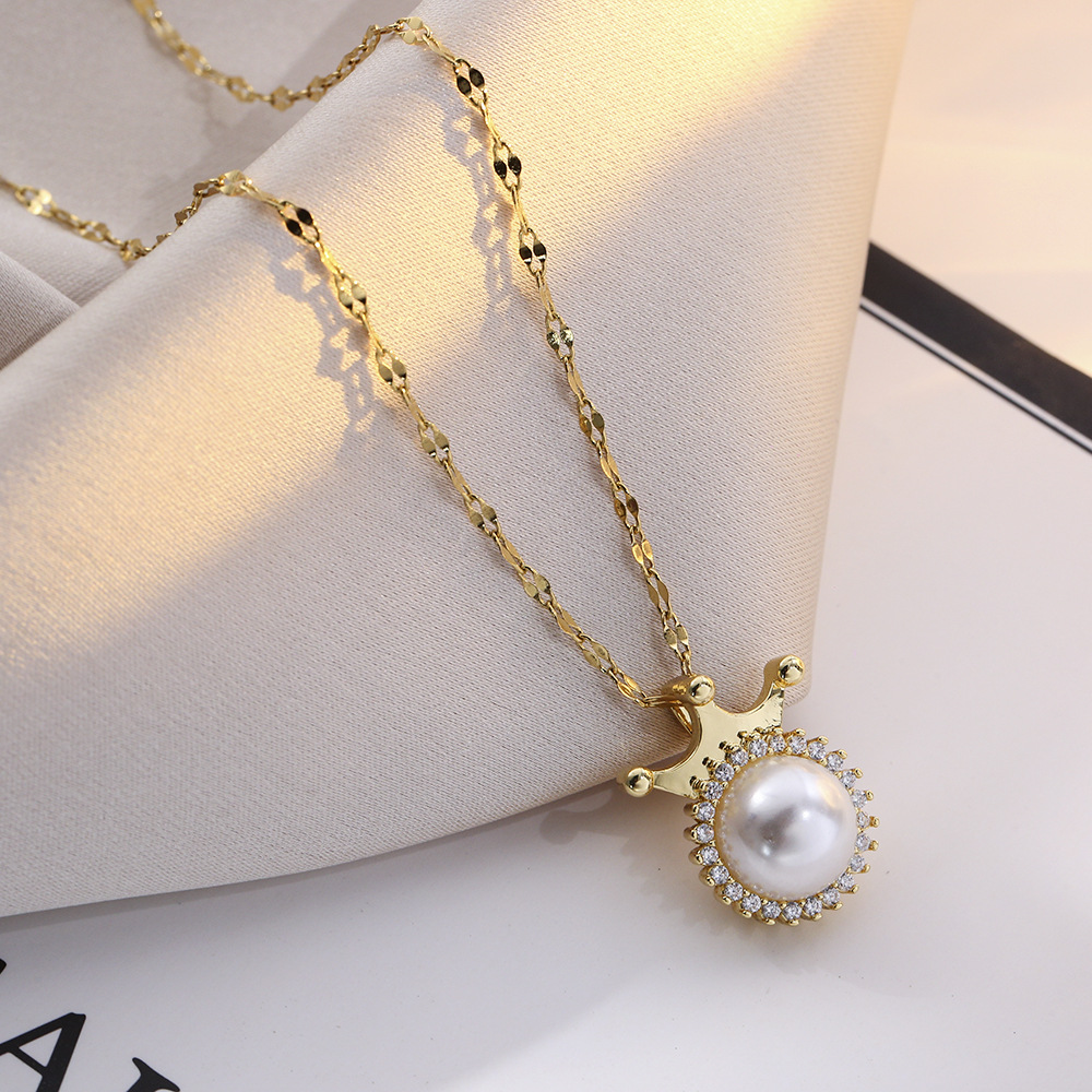 钛钢项链女 珍珠皇冠韩版时尚吊坠镶钻百搭锁骨链网红高级感饰品