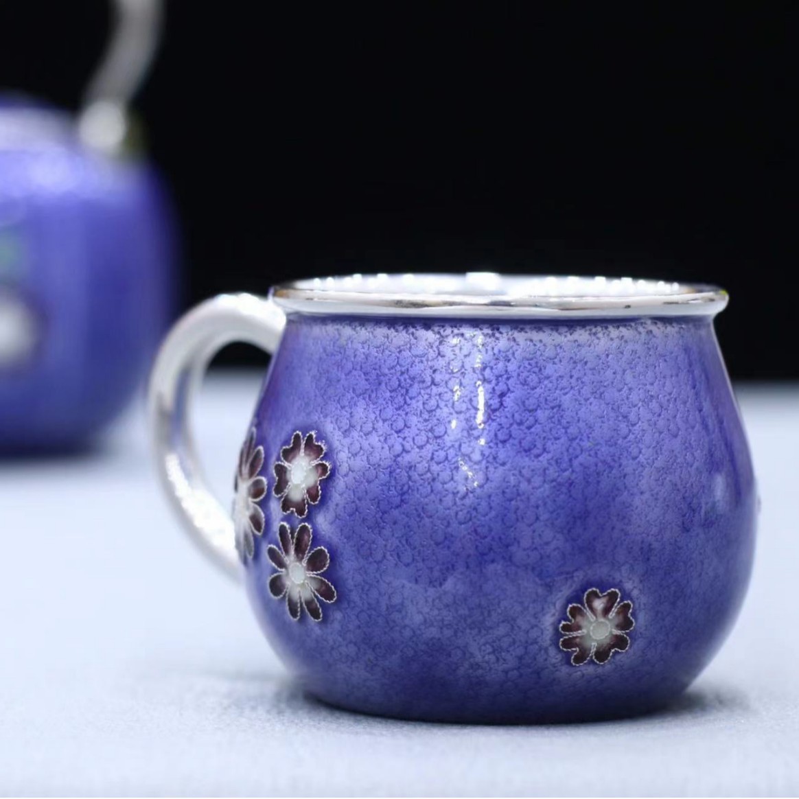 S999足银七彩雏菊中式茶杯纯银办公室家用纯手工主人杯茶具礼品