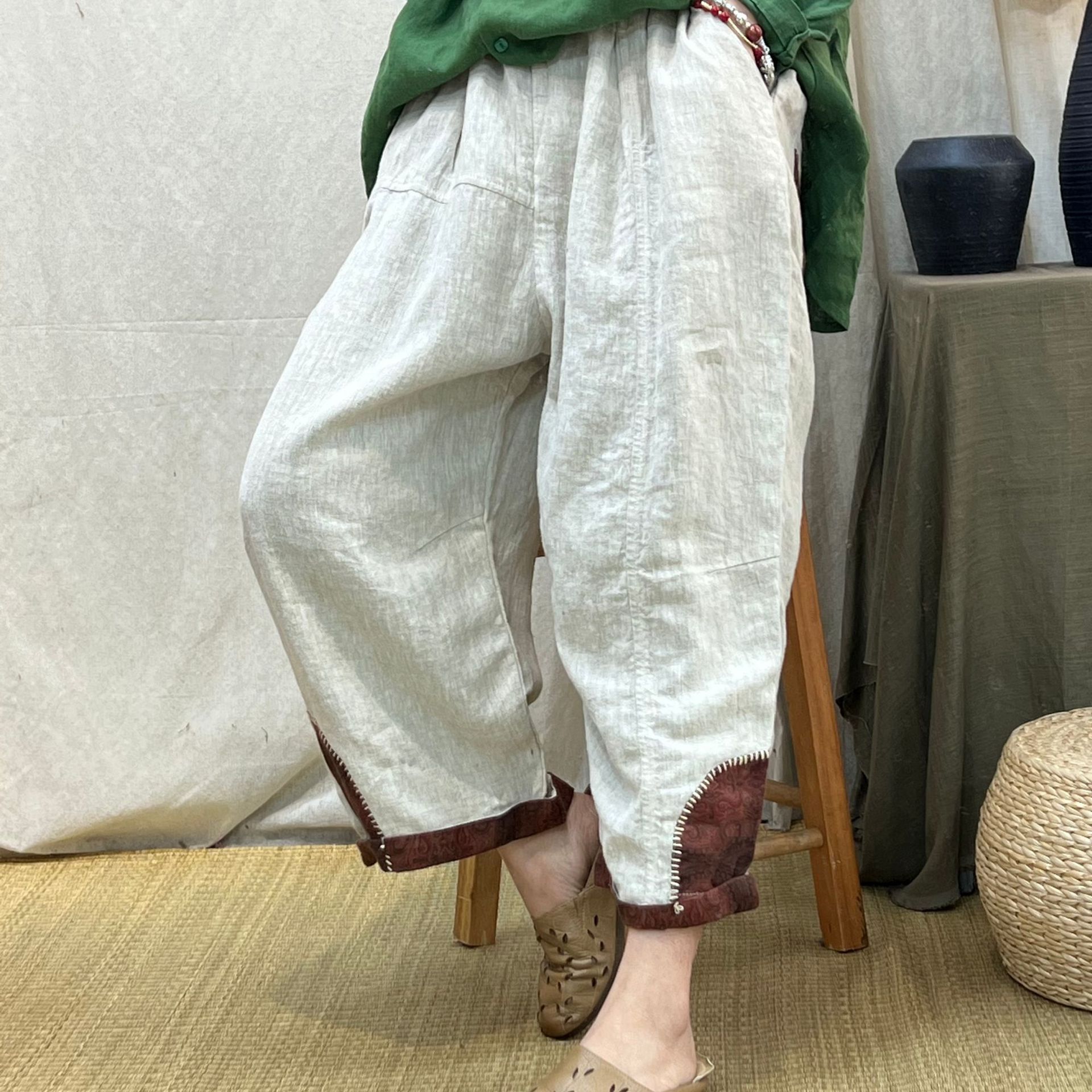 宽松九分亚麻萝卜裤女松紧腰休闲裤哈伦裤春季裤脚贴布复古阔腿裤