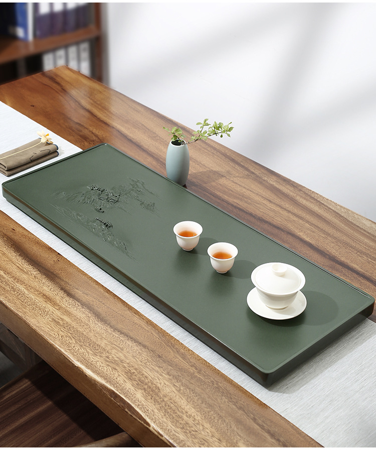 石间说天然天罗绿石茶盘家用整块石头茶台雕刻简约干泡茶具托盘海