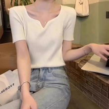 气质显瘦v领针织衫短袖女2024夏季新品设计感方领薄款白色t恤上衣