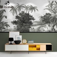 美式田园植物椰树卧室墙纸欧式中世纪热带雨林复古壁画墙壁布酒店