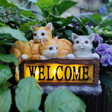 可爱猫咪摆件太阳能氛围灯户外阳台花园小院欢迎牌装饰品院子布置