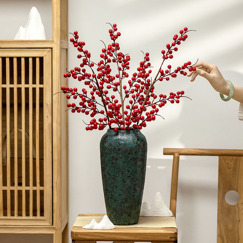 冬青红果发财果带花瓶仿真花2020新款客厅浆果假花束干花摆件