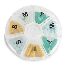 厂家直销便携式圆形7格独立盖英文一周星期7天透明PP塑料旅行药盒