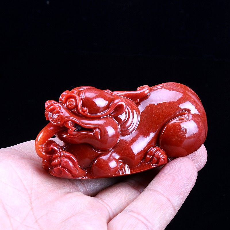 鸡血石红寿山石貔貅手把件财貔貅平安工艺品