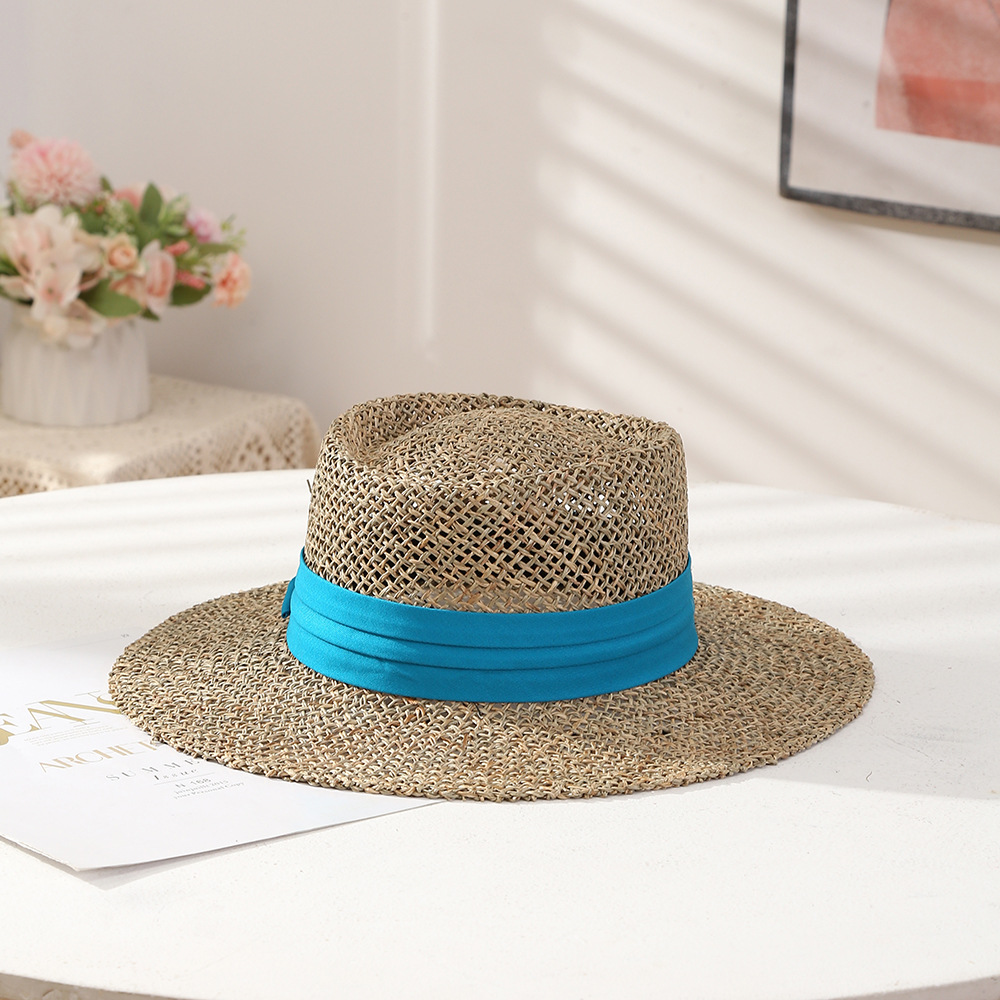 Artistic Retro Flat Top Warp Knitted Straw Hat Summer Beach Travel Style Hat Outdoor Hollow Sun Hat Adult