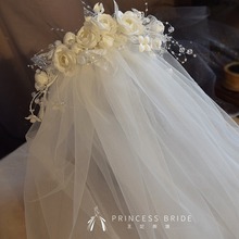 唯美头纱复古花朵蕾丝珠串超仙拍照氛围感气质公主结婚礼婚纱配饰