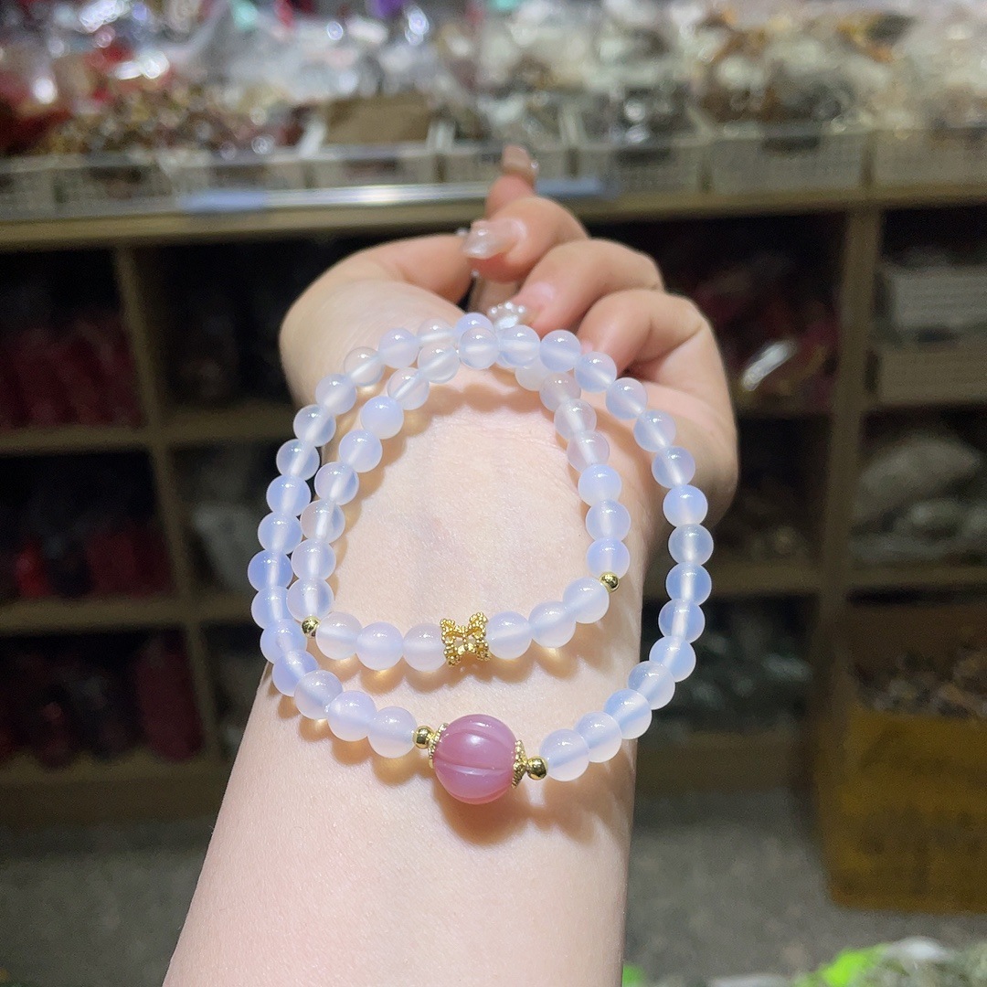 荔枝冻冰种白玛瑙搭配盐源南瓜珠时尚双圈手串女款可爱小清新