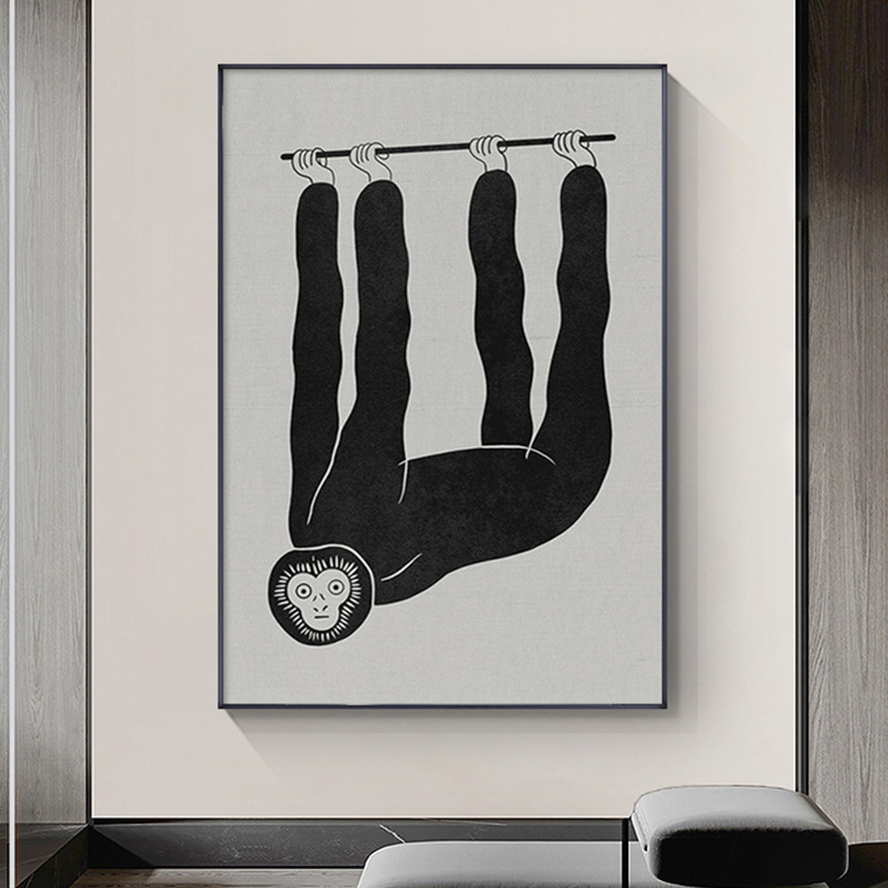 现代轻奢客厅玄关装饰画黑白灰抽象艺术猴子动物背景墙壁竖版挂画