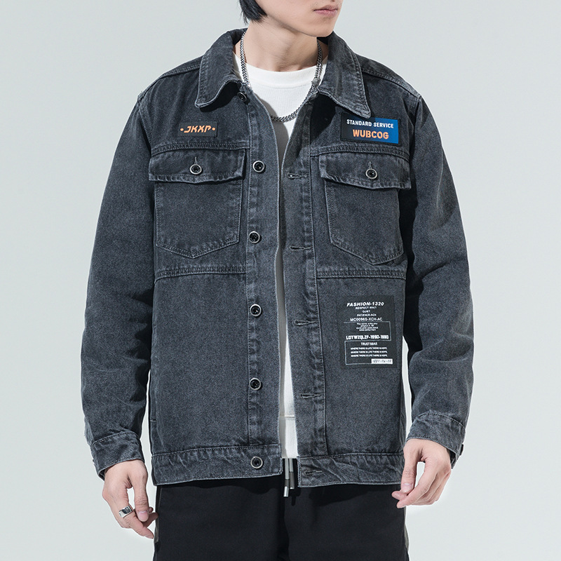 春秋牛仔外套男宽松潮牌贴标ins工装夹克大码胖子潮流牛仔上衣潮
