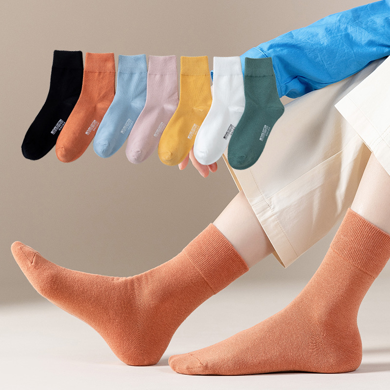 5双包邮袜子女秋冬款经典纯色学院女士棉袜百搭休闲烫印女中筒袜