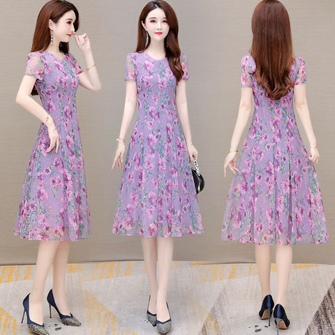 Printed Large Size Dress for Women Summer Mid-Year Mom Dress 2023 New Summer Figure Flattering Large Swing round Neck Dress