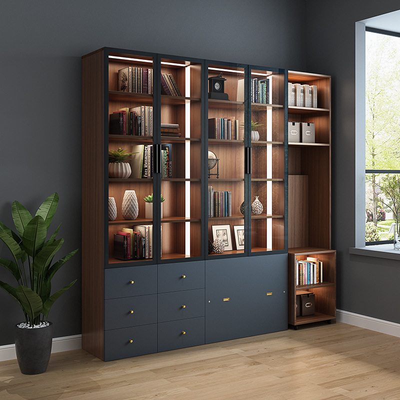 书柜置物柜带门储物柜背景木书柜储物欧式书房地书书架轻奢家用