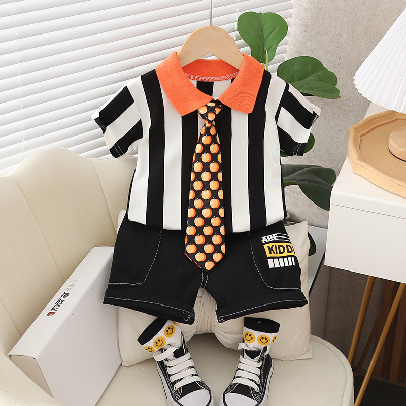 suit for kids boys外贸中小童衣服夏装套装男童短袖帅气领带两件
