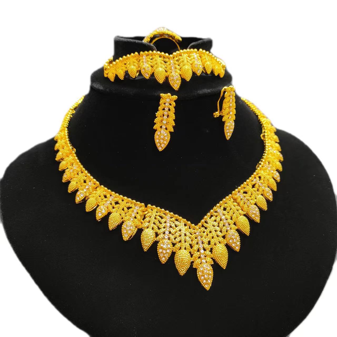 24K Gold-Plated Necklace Earring Ring Bracelet Set Middle East Dubai India Nigeria Bridal Chain Set