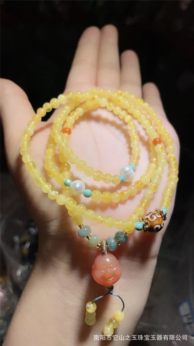 天然蜜蜡手链简约个性女款鸡油黄蜜蜡四圈手串毛衣链抖音直播货源