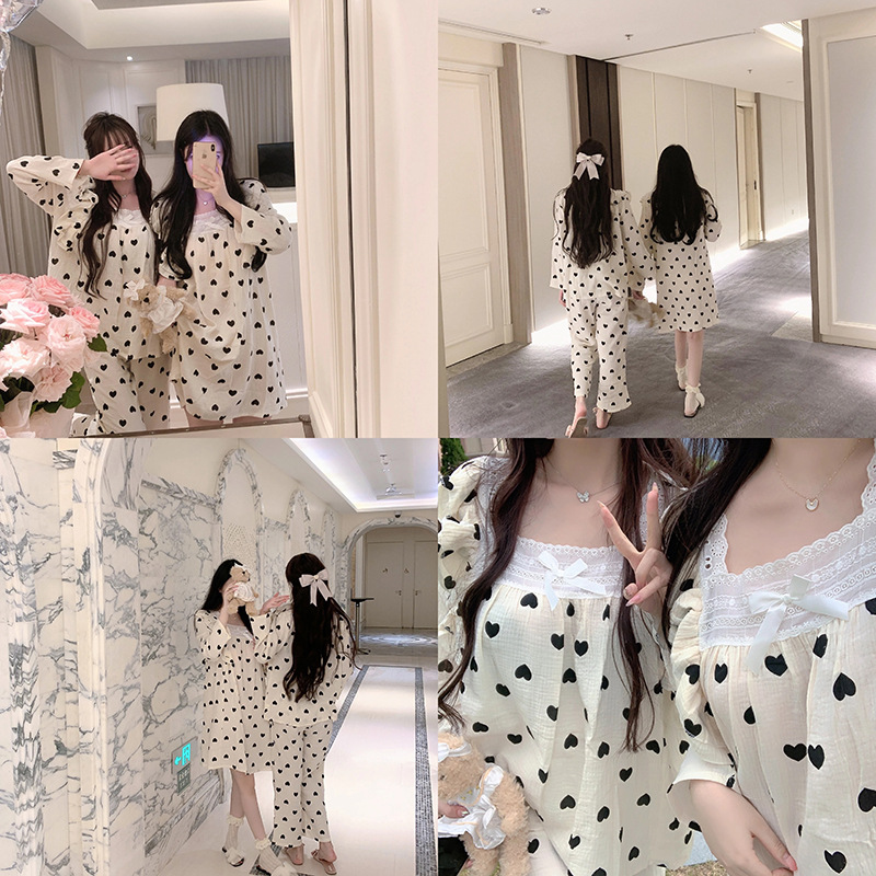 春秋长袖泡泡棉睡衣女可爱卡通印花学生闺蜜蕾丝睡裙家居服-阿里巴巴