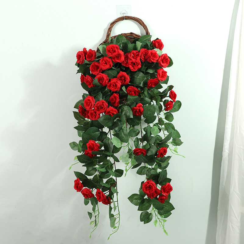 Artificial Rose Wall Hanging Fake Flower Rattan Decoration Indoor Living Room Wall Hanging Plastic Vine Rose Wall-Mounted Basket