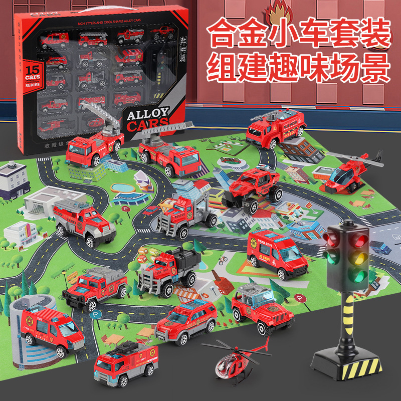 Factory Goods Free Shipping Internet Celebrity 1:64 Alloy Simulation Fire Truck Set Scooter Engineering Military Vehicle Model Pull Back Car