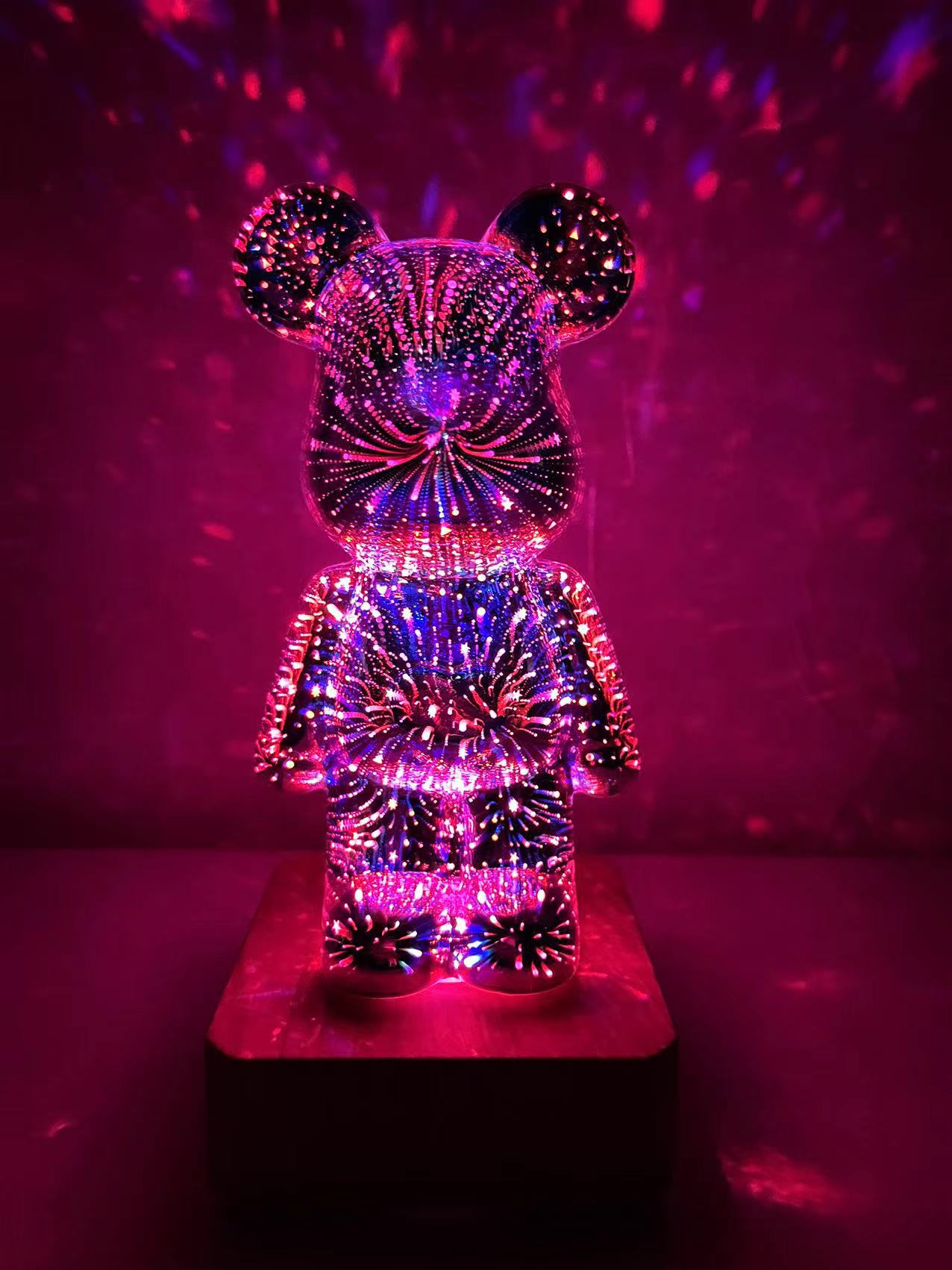 Creative 3d Fireworks Bear Colorful Light Changing Household Internet Celebrity Small Night Lamp Glass Stereo Effect Table Decorative Ornaments